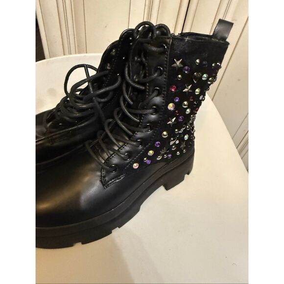 Steve Madden Kids' JKrissen Glitter Stud Embellished Combat Boots Black Size 2 - Picture 3 of 10